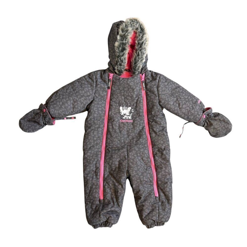 OshKosh b'Gosh Snow Suit 18 Months Girl Gray Leopard Pink Faux Fur Collar Warm